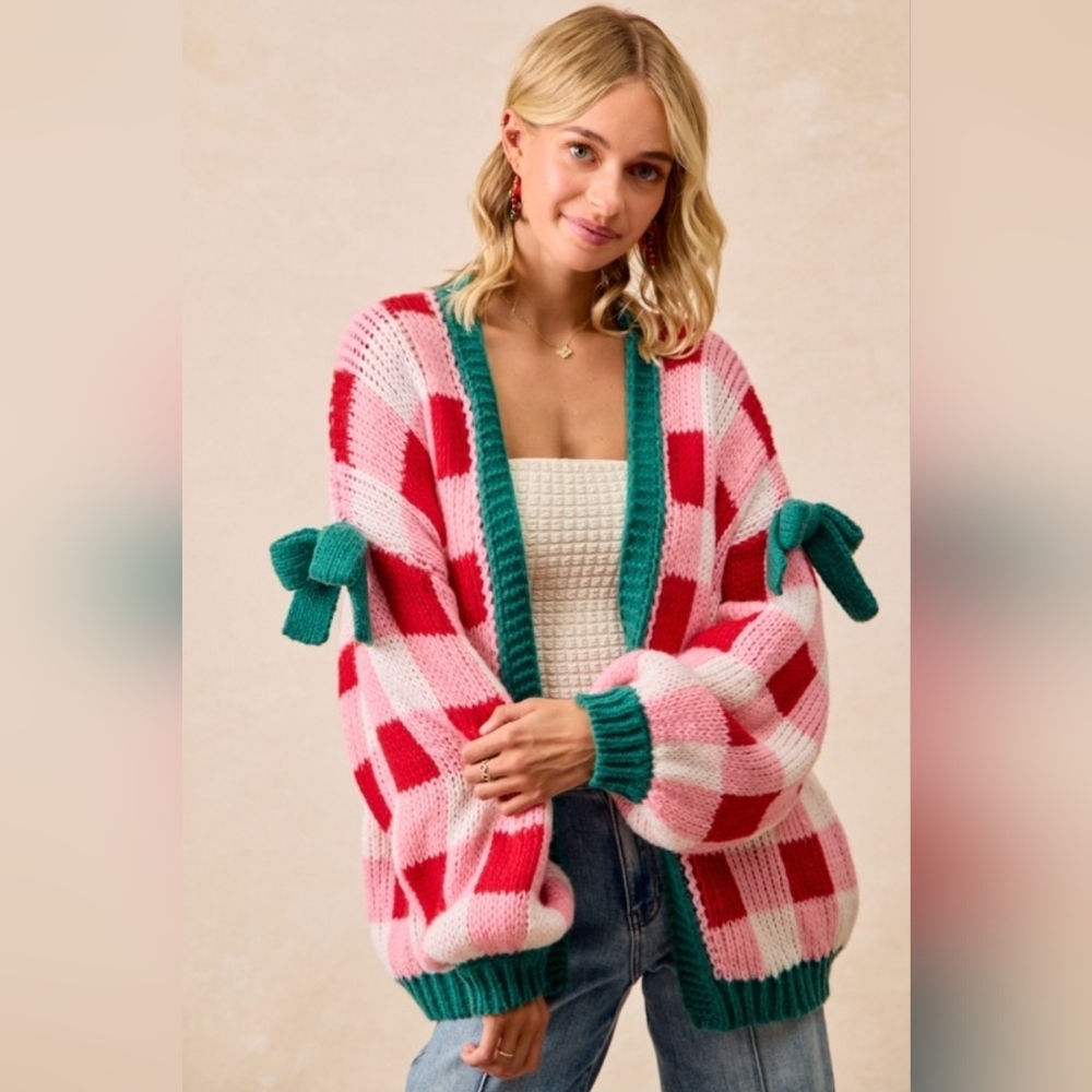 *TRENDING* BiBi Checkered Plaid Oversized Chunky Cardigan Holiday Christmas - Picture 3 of 4
